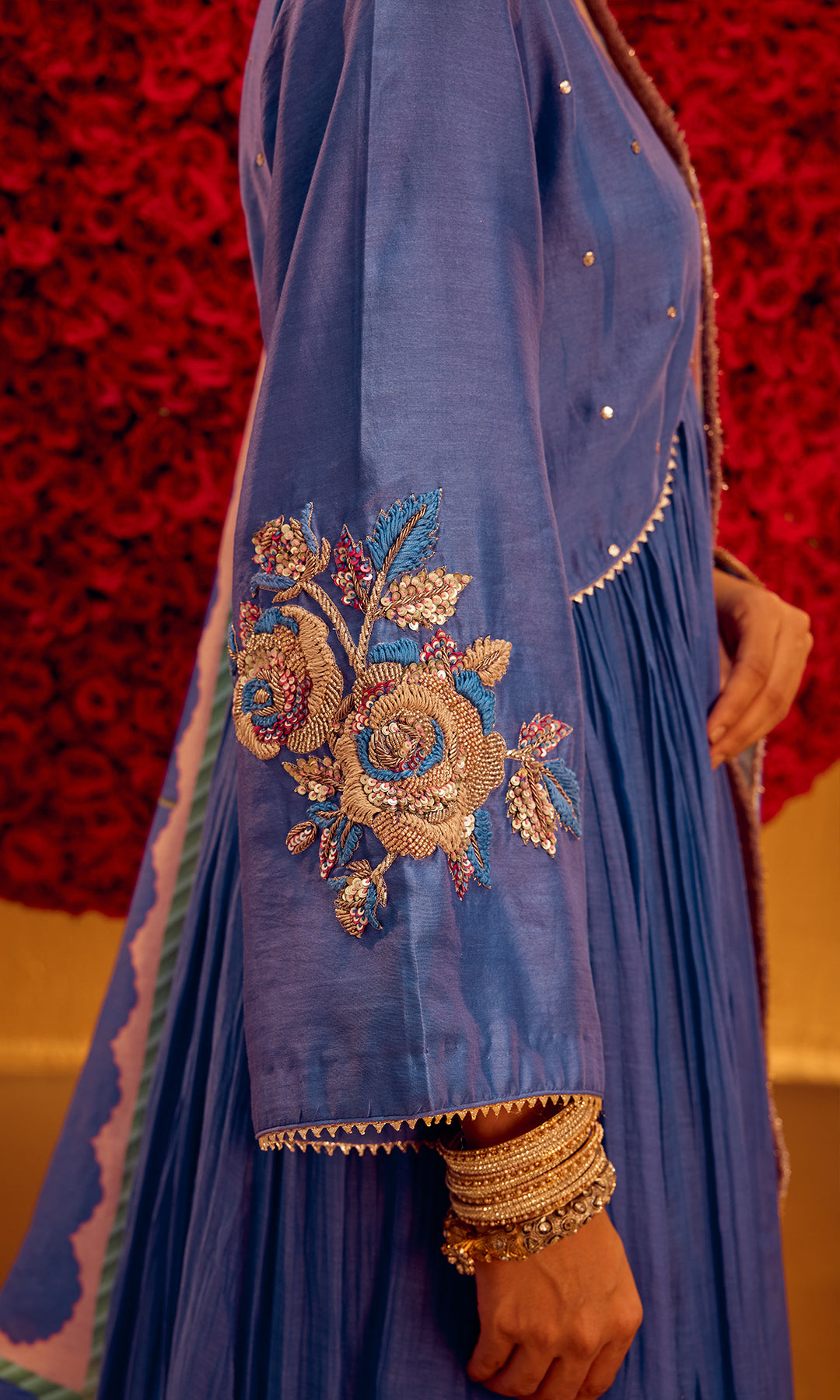 Aisha Set- Periwinkle Blue Chanderi Embroidered Anarkali with Pants and Dupatta (set of 3)