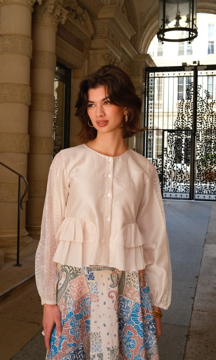 Solace- Chanderi Ruffle Top with Printed Poplin Skirt