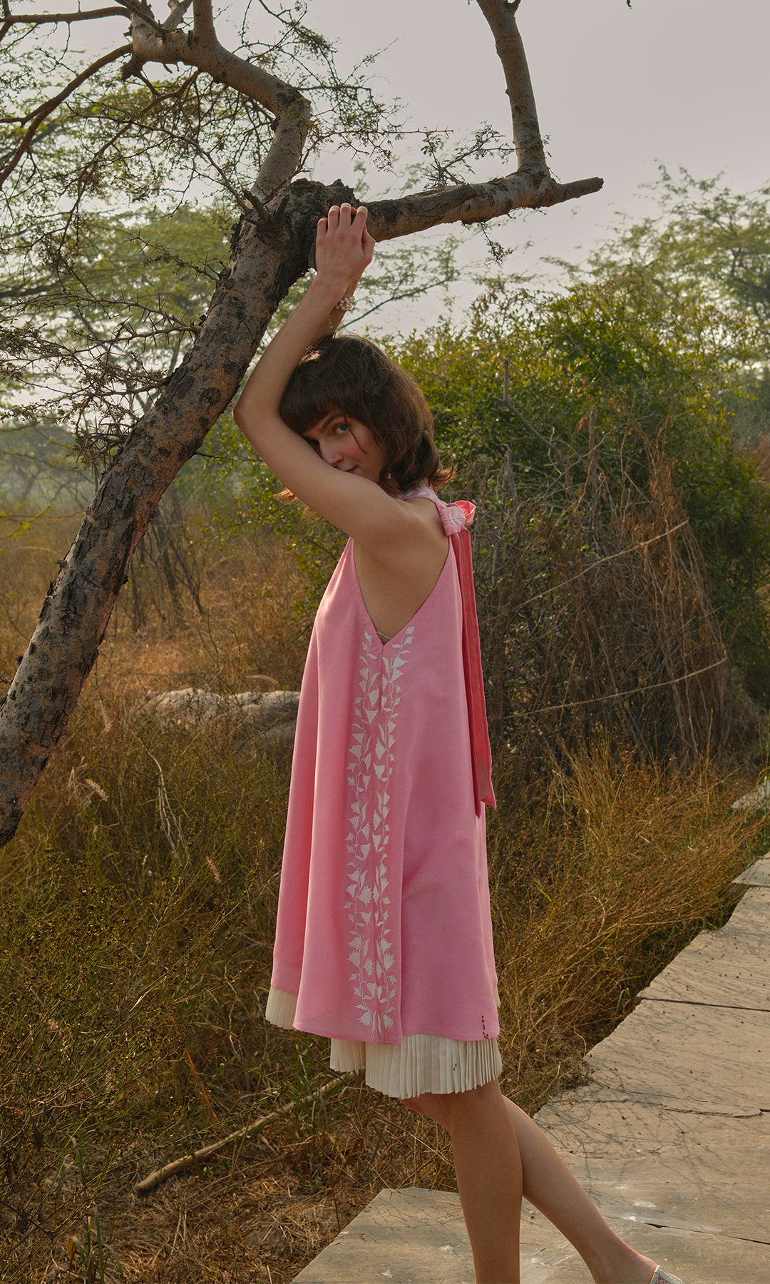 Valentina- Chanderi Tie Up dress with appliqué work