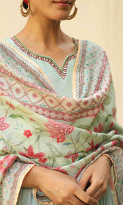 Firdaus Set- Mint chanderi-mulmul embroidered anarkali with churidar and dupatta (set of 3)