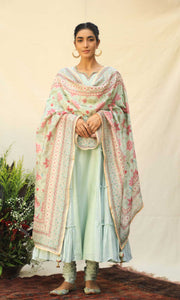 Firdaus Set- Mint chanderi-mulmul embroidered anarkali with churidar and dupatta (set of 3)