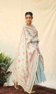 Firdaus Set- Mint chanderi-mulmul embroidered anarkali with churidar and dupatta (set of 3)
