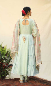 Firdaus Set- Mint chanderi-mulmul embroidered anarkali with churidar and dupatta (set of 3)