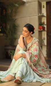 Firdaus Set- Mint chanderi-mulmul embroidered anarkali with churidar and dupatta (set of 3)