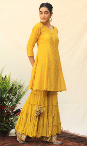 Alizeh Set- Mustard chanderi jamdani embroidered double layered sharara set (set of 3)