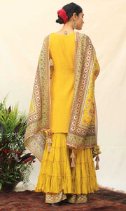 Alizeh Set- Mustard chanderi jamdani embroidered double layered sharara set (set of 3)