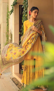 Alizeh Set- Mustard chanderi jamdani embroidered double layered sharara set (set of 3)