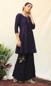 Alizeh Set- Purple chanderi jamdani embroidered double layered sharara set (set of 3)