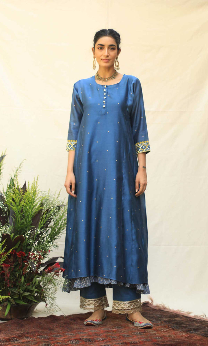 Caspara Set- Indigo and Haldi Yellow chanderi double layered Kurta with pant and dupatta (set of 4)