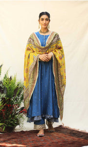 Caspara Set- Indigo and Haldi Yellow chanderi double layered Kurta with pant and dupatta (set of 4)