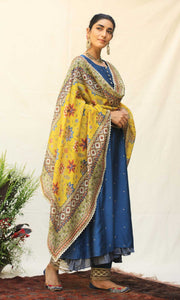 Caspara Set- Indigo and Haldi Yellow chanderi double layered Kurta with pant and dupatta (set of 4)