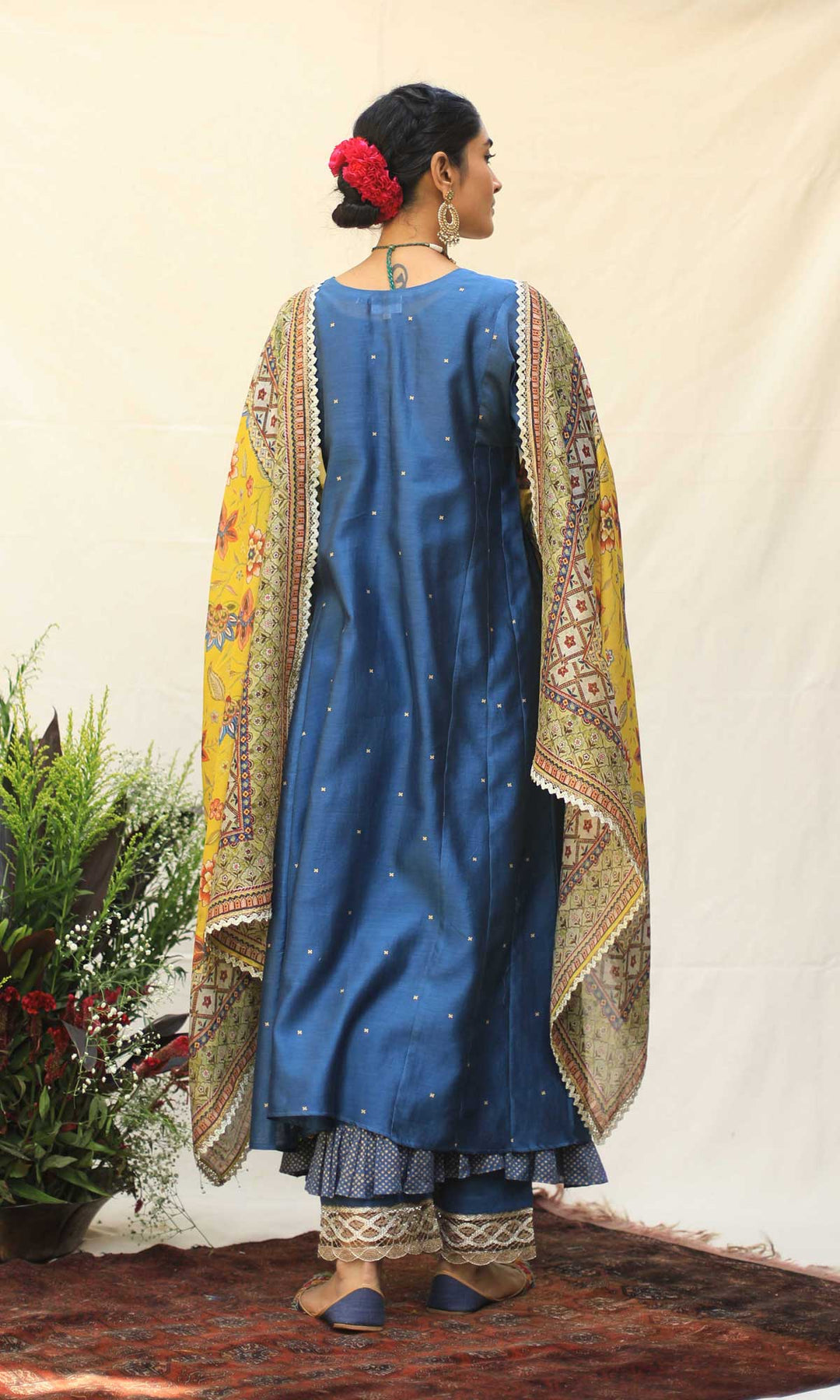 Caspara Set- Indigo and Haldi Yellow chanderi double layered Kurta with pant and dupatta (set of 4)