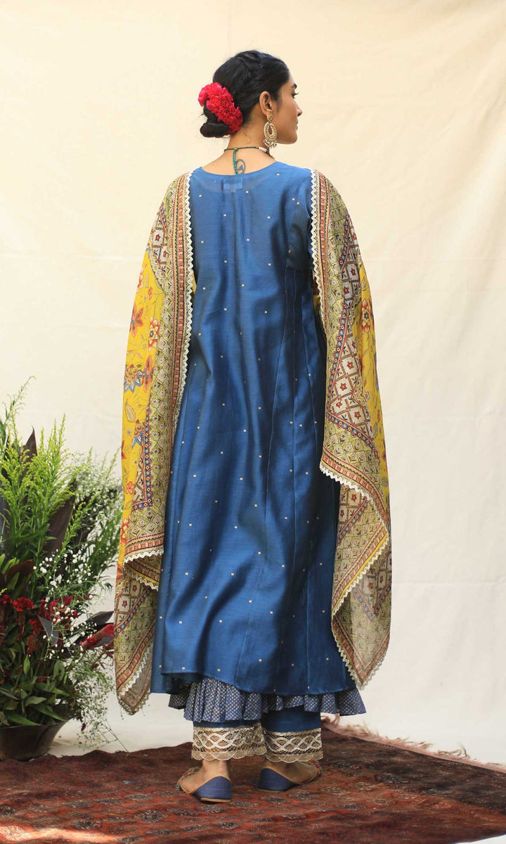 Caspara Set- Indigo and Haldi Yellow chanderi double layered Kurta with pant and dupatta (set of 4)