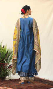 Caspara Set- Indigo and Haldi Yellow chanderi double layered Kurta with pant and dupatta (set of 4)