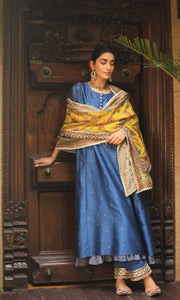 Caspara Set- Indigo and Haldi Yellow chanderi double layered Kurta with pant and dupatta (set of 4)
