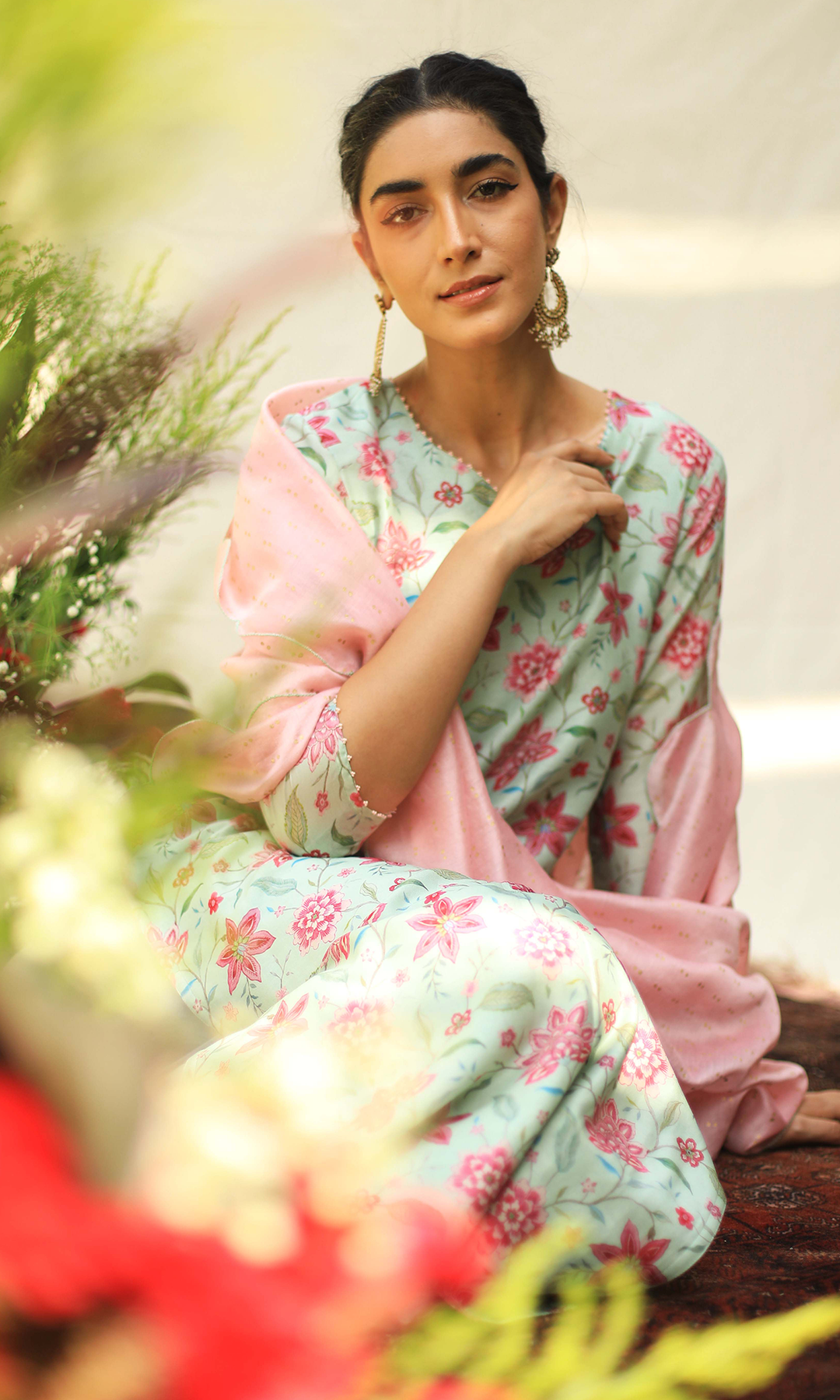 Caspara Set- Pastel Green chanderi double layered Kurta with pant and dupatta (set of 4)