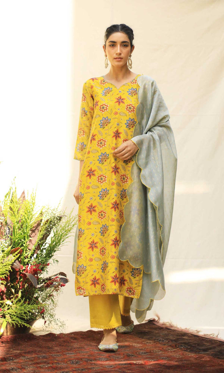 Dilnaz Set- Haldi Yellow chanderi kurta with block printed pants and dupatta (set of 3)