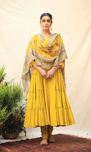Firdaus Set- Mint chanderi-mulmul embroidered anarkali with churidar and dupatta (set of 3)
