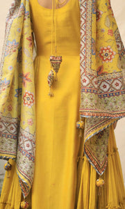 Firdaus Set- Haldi Yellow chanderi-mulmul embroidered anarkali with churidar and dupatta (set of 3)