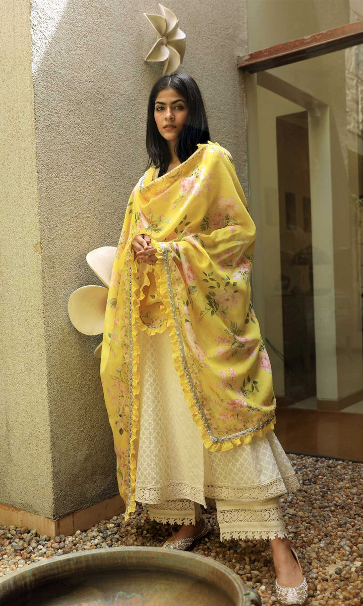Lacey Daisy Set- Off White cotton-jamdani angrakha with pant and dupatta (set of 3)