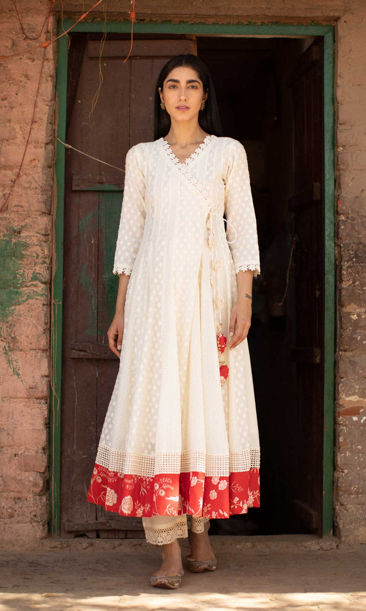 Gulrukh Set- Kora & Pink cotton-jamdani angrakha with pants and dupatta (set of 3)