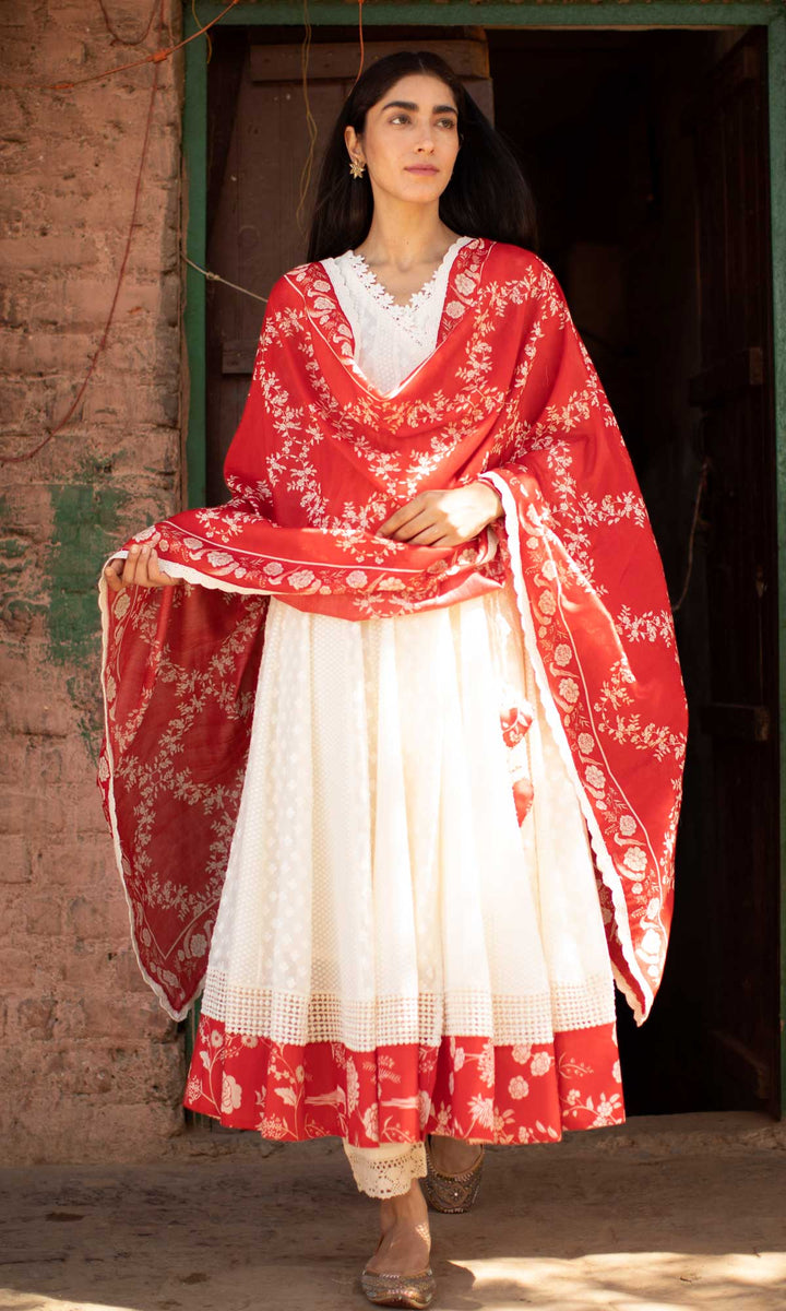 Gulrukh Set- Kora & Pink cotton-jamdani angrakha with pants and dupatta (set of 3)