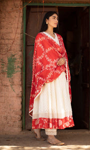 Gulrukh Set- Kora & Red cotton-jamdani angrakha with pants and dupatta (set of 3)