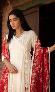 Gulrukh Set- Kora & Red cotton-jamdani angrakha with pants and dupatta (set of 3)