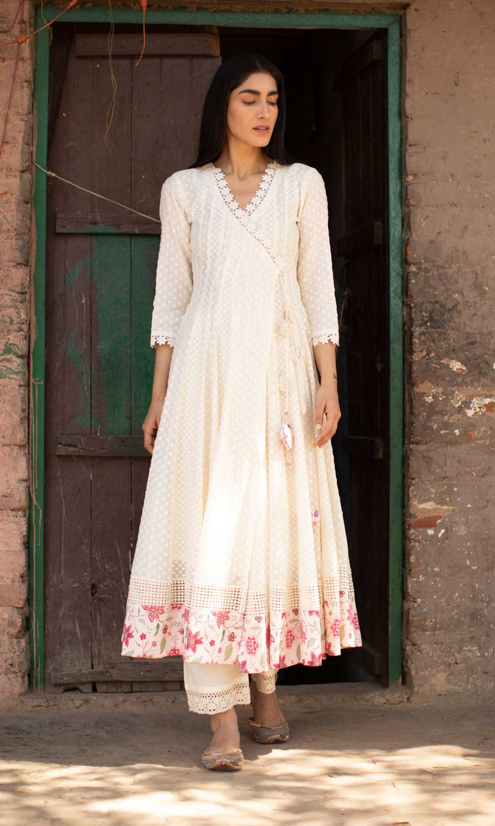 Gulrukh Set- Kora & Pink cotton-jamdani angrakha with pants and dupatta (set of 3)