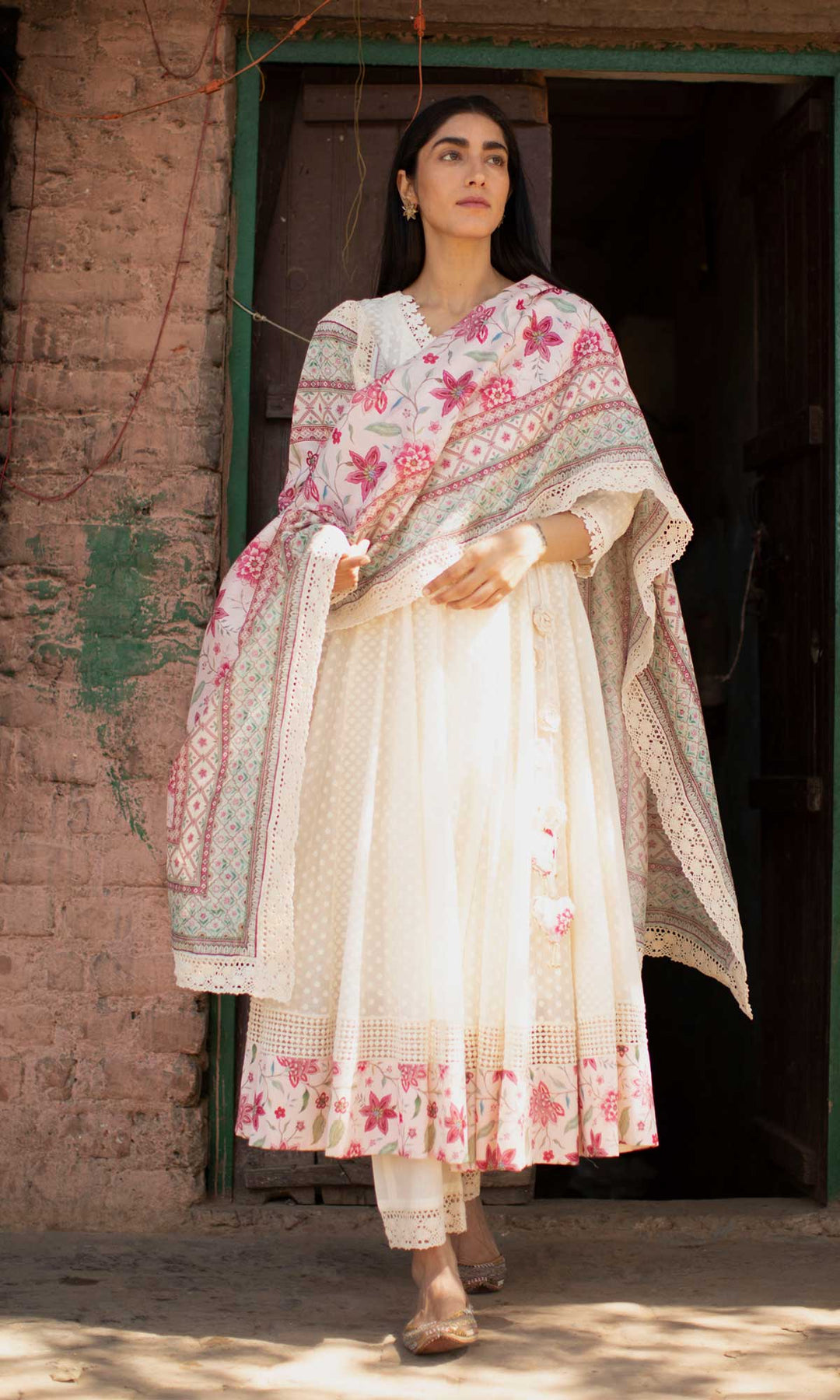Gulrukh Set- Kora & Pink cotton-jamdani angrakha with pants and dupatta (set of 3)