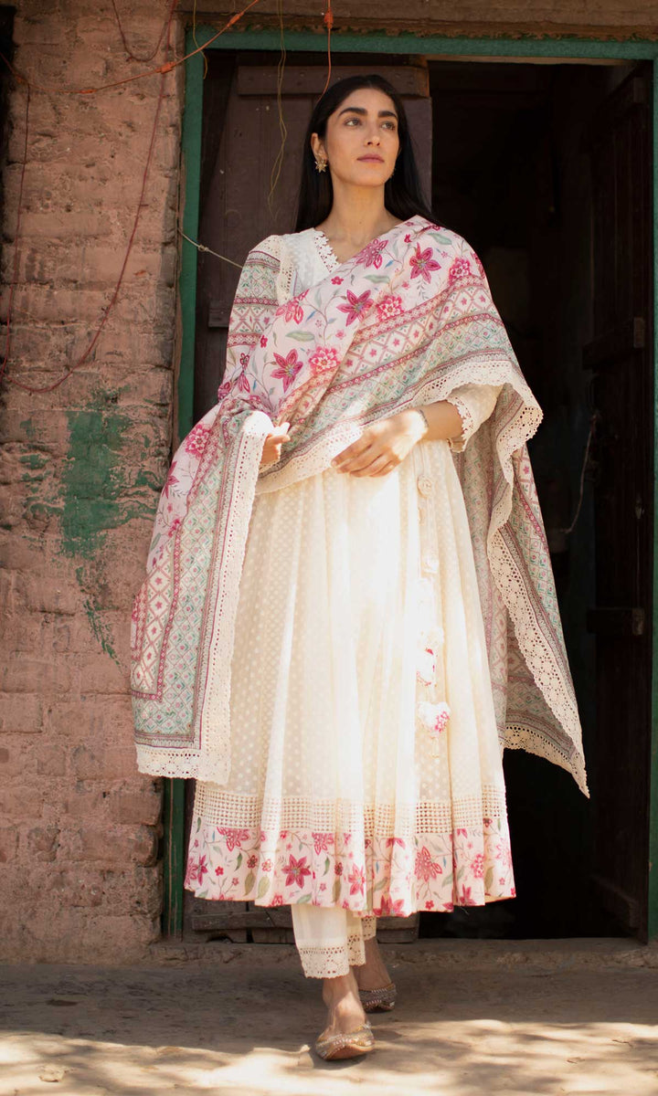 Gulrukh Set- Kora & Pink cotton-jamdani angrakha with pants and dupatta (set of 3)