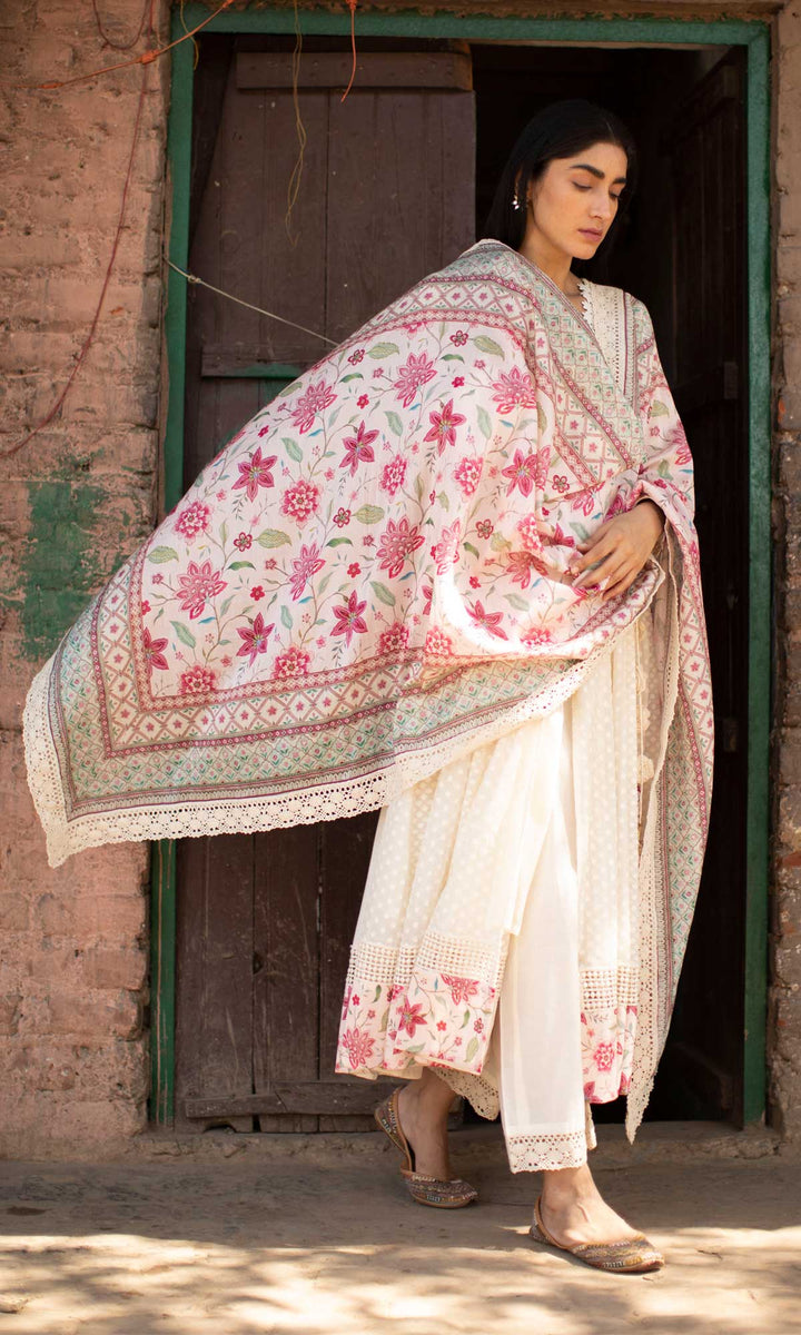 Gulrukh Set- Kora & Pink cotton-jamdani angrakha with pants and dupatta (set of 3)
