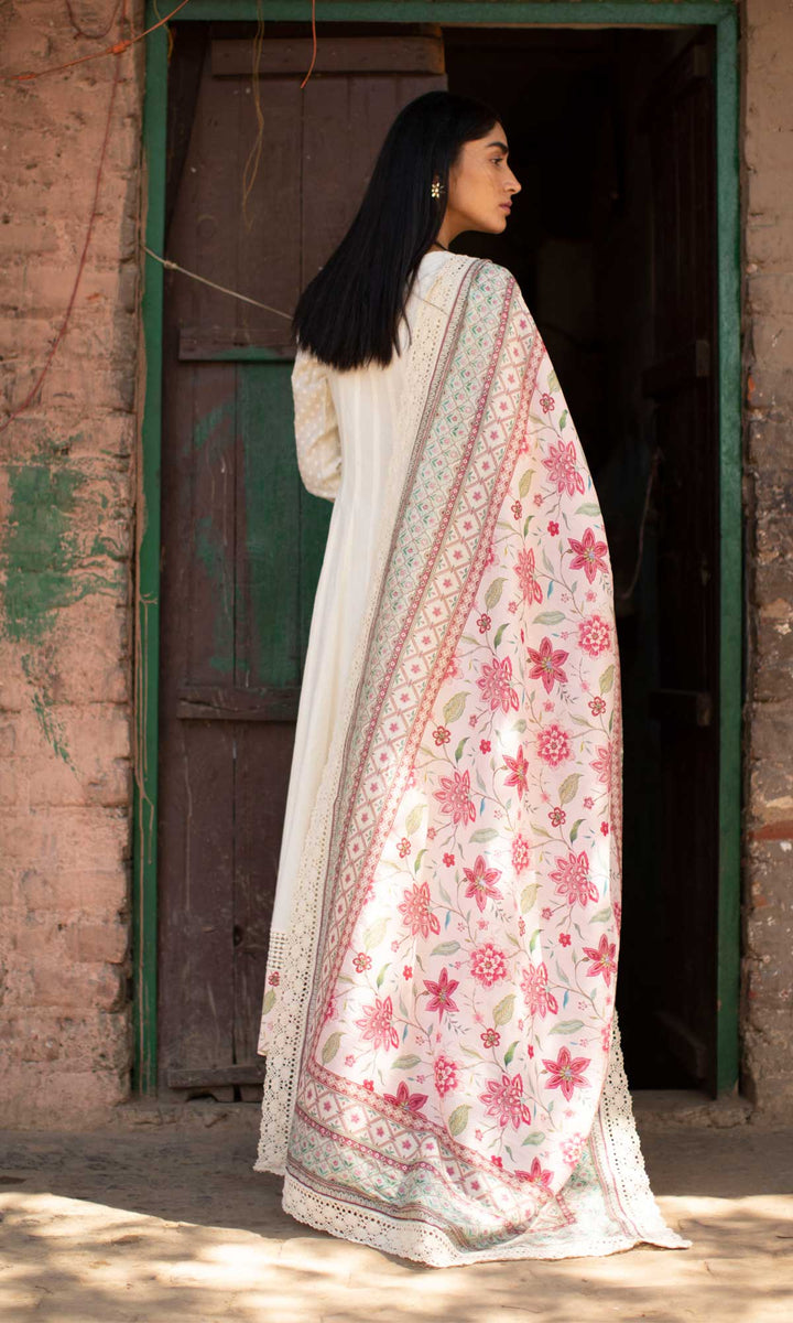 Gulrukh Set- Kora & Pink cotton-jamdani angrakha with pants and dupatta (set of 3)