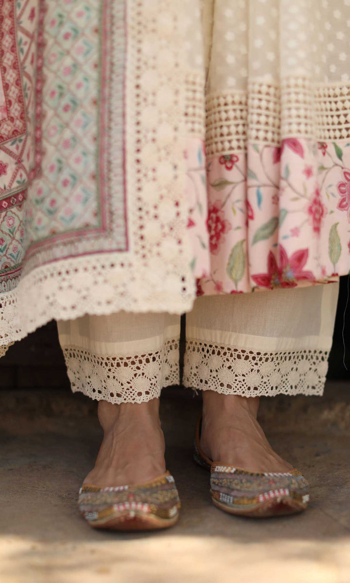 Gulrukh Set- Kora & Pink cotton-jamdani angrakha with pants and dupatta (set of 3)