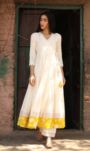 Gulrukh Set- Kora & Yellow cotton-jamdani angrakha with pants and dupatta (set of 3)