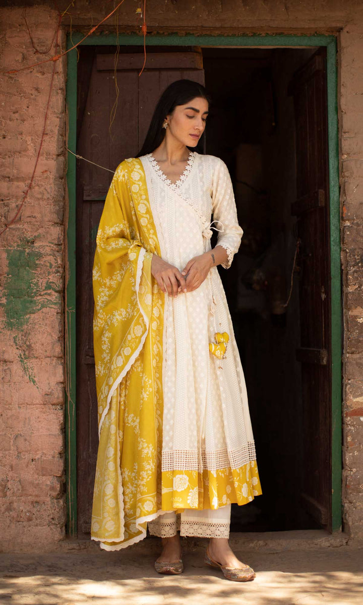 Gulrukh Set- Kora & Pink cotton-jamdani angrakha with pants and dupatta (set of 3)