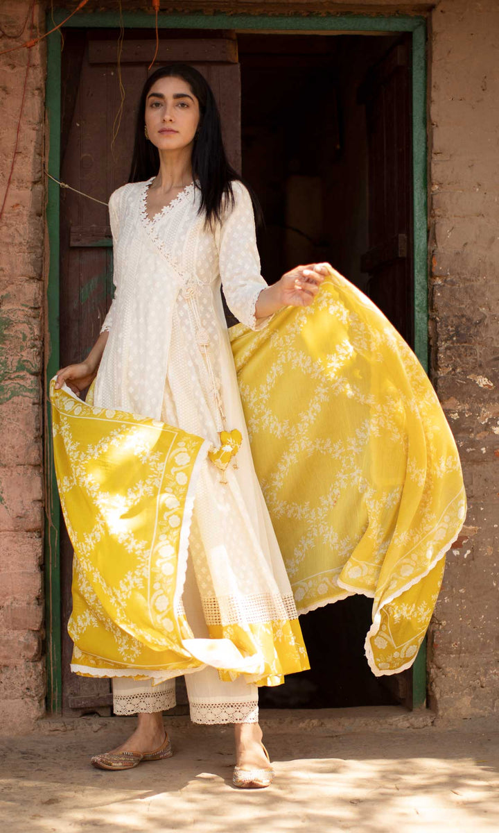 Gulrukh Set- Kora & Pink cotton-jamdani angrakha with pants and dupatta (set of 3)