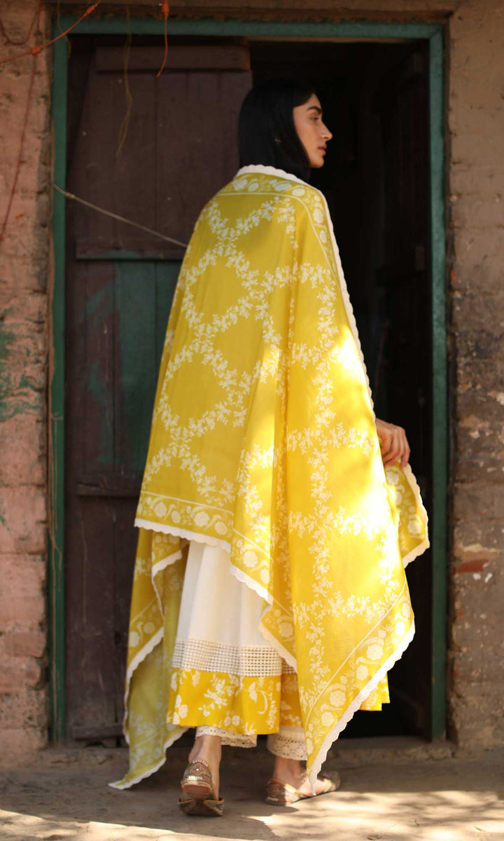 Gulrukh Set- Kora & Pink cotton-jamdani angrakha with pants and dupatta (set of 3)