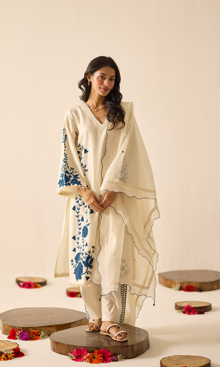 Evaarah Set- Embroidered Patchwork Chanderi Kurta Set (Set of 3)