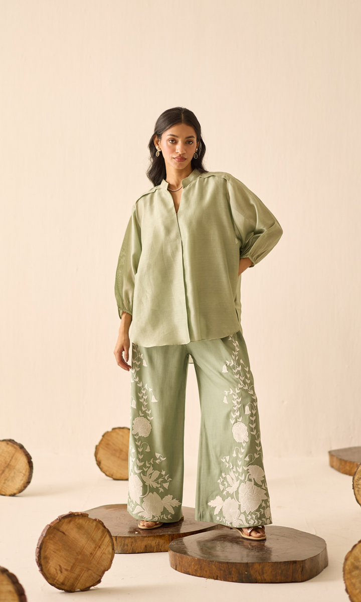 Delany- Chanderi anti-fit top with Patchwork Buttersilk Pants