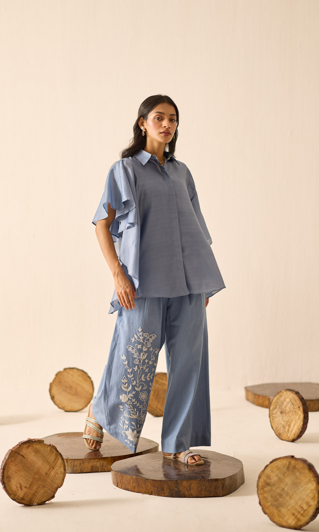 Velora- Chanderi Waterfall Top with Embroidered Pants