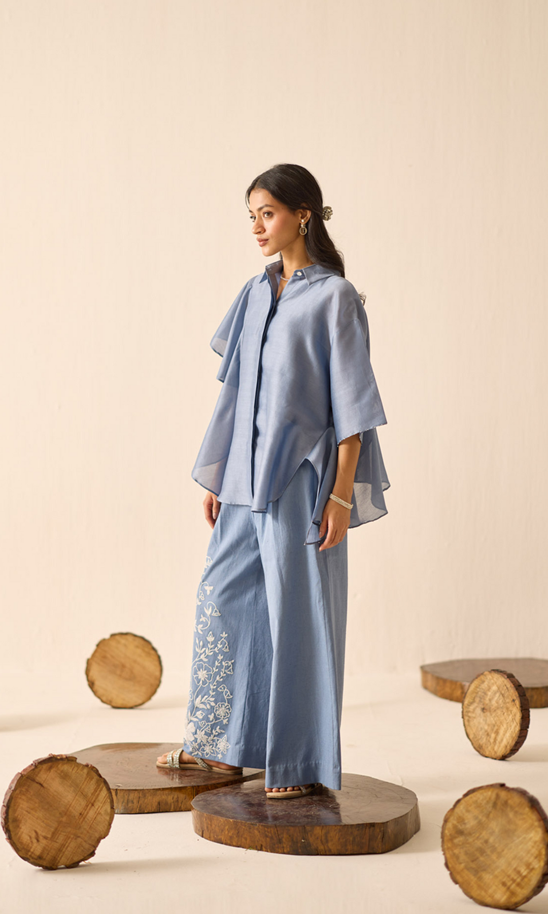Velora- Chanderi Waterfall Top with Embroidered Pants