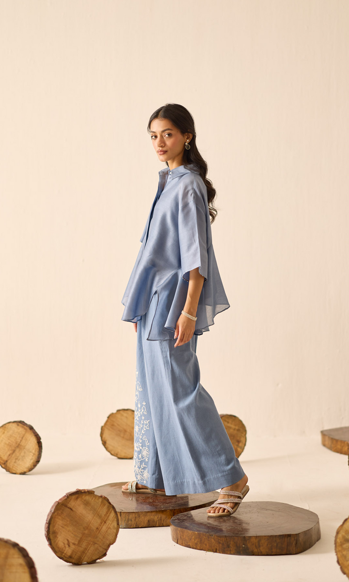 Velora- Chanderi Waterfall Top with Embroidered Pants