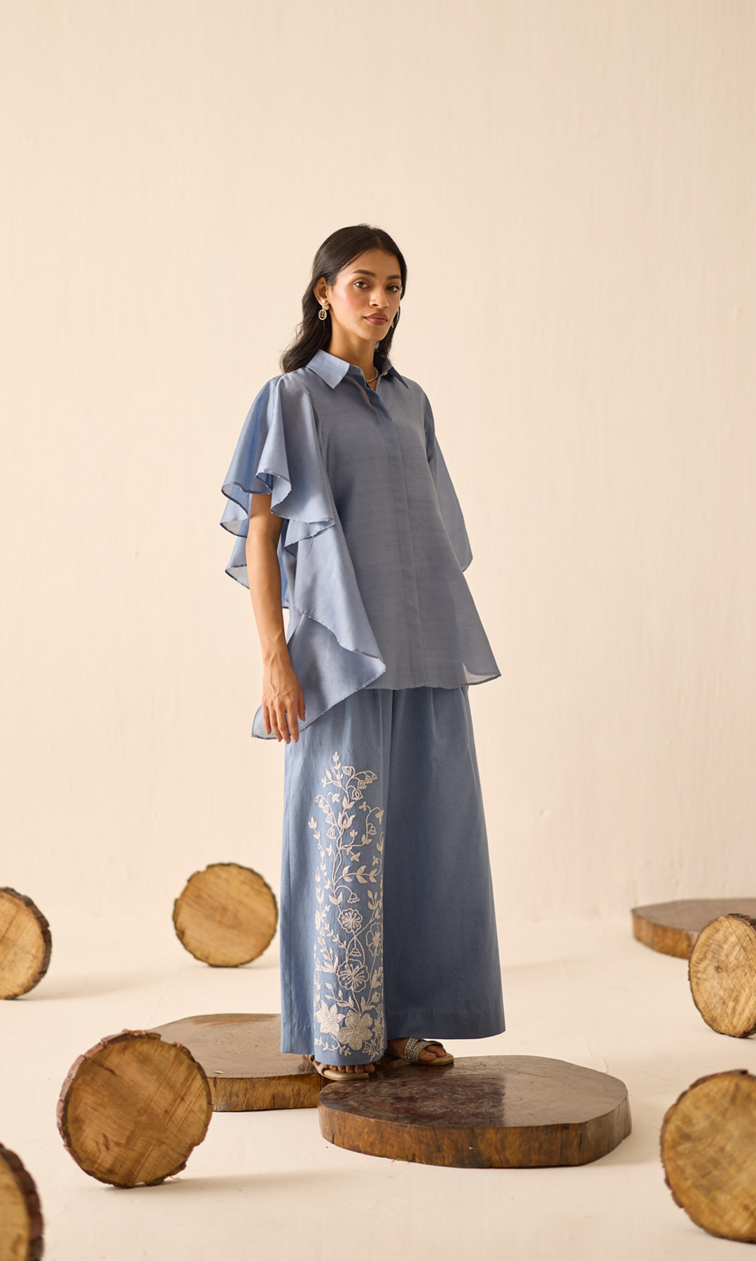 Velora- Chanderi Waterfall Top with Embroidered Pants
