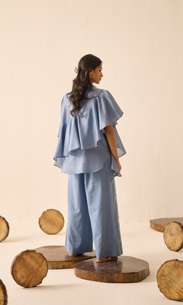Velora- Chanderi Waterfall Top with Embroidered Pants