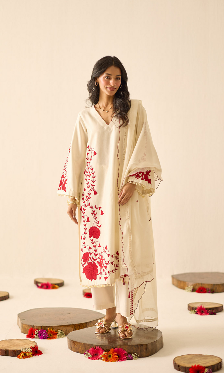 Evaarah Set- Embroidered Patchwork Chanderi Kurta Set (Set of 3)
