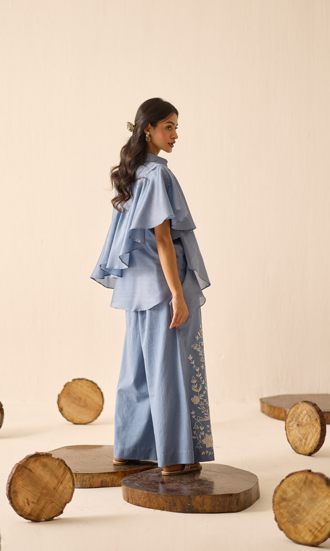 Velora- Chanderi Waterfall Top with Embroidered Pants