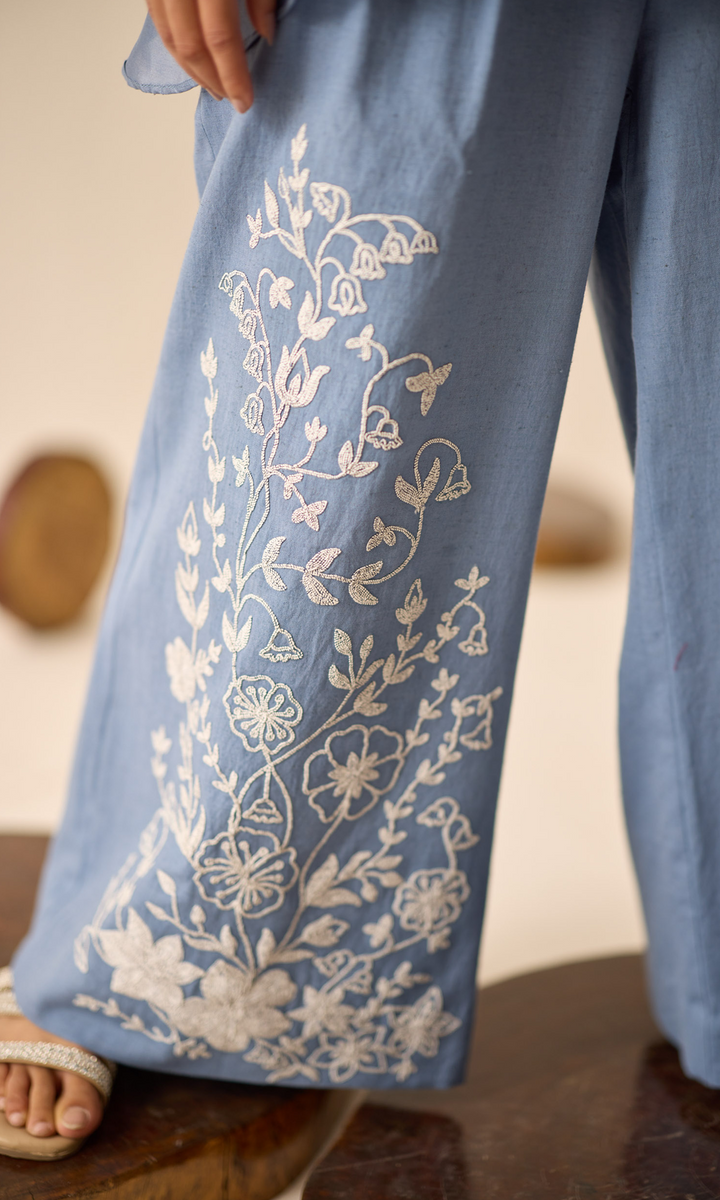 Velora- Chanderi Waterfall Top with Embroidered Pants
