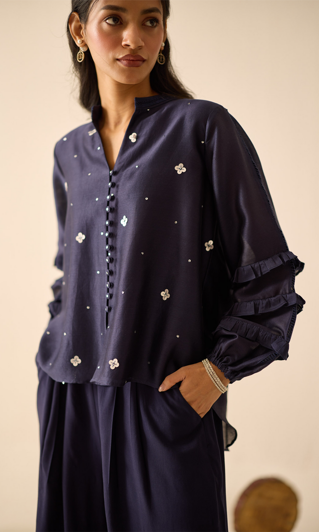 Rosette- Chanderi Sequins Top with Buttersilk Pants