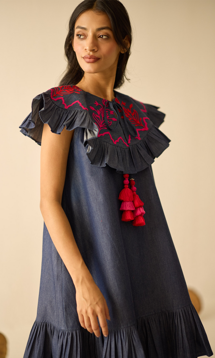 Floris- Embroidered Denim Dress